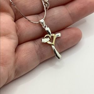925 Sterling Silver Intertwined Heart Cross Necklace 18” 2.51g 925 LA